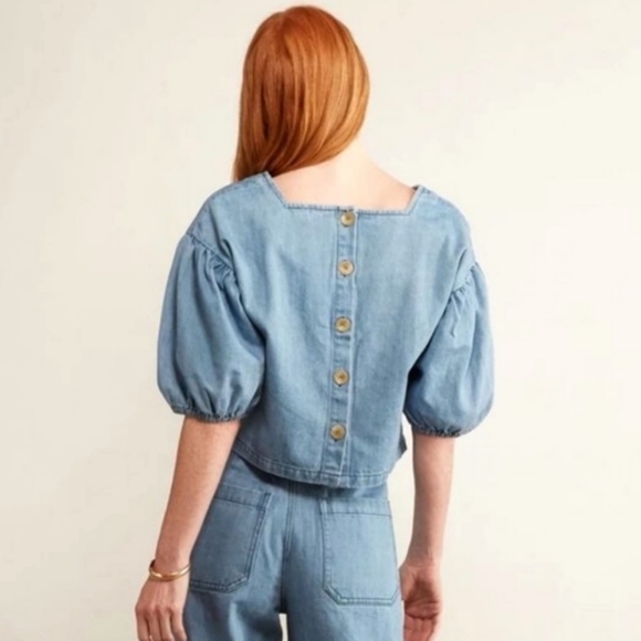Anthropologie the Odells Denim Puff Sleeve Cropped Top - Picture 11 of 16